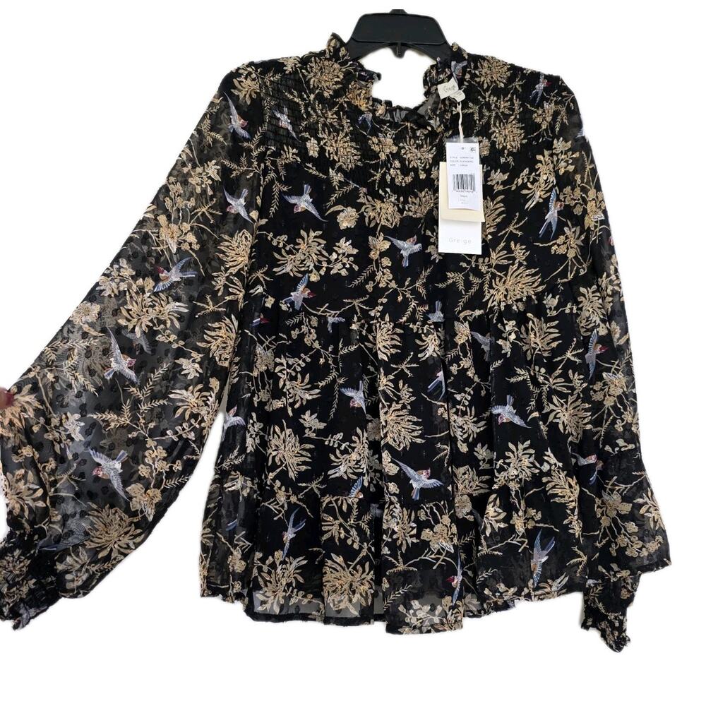 Greige Boho Blouse L Peasant Top Baloon Sleeve Mock Neck Bird Print Festival